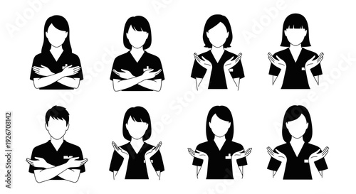 Black  White Medical Healthcare Professionals Glyph Icons with Crossed Arms and Open Hand Gestures