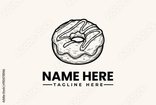 A black and white illustration of a glazed donut with a placeholder text 'NAME HERE' and 'TAGLINE HERE' in a simple, modern design against a light beige background.