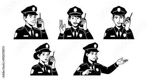 Law Enforcement Police Officers Black  White Glyph Vector Icons Set