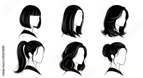 Fashion  Beauty: Female Hairstyles Collection - Black and White Vector Line Art Icons