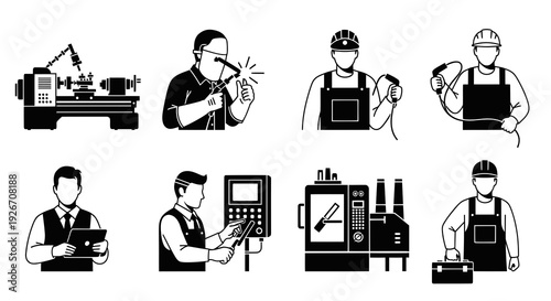 Black  White Line Art Icons of Industrial Manufacturing Engineering Workers  Machines