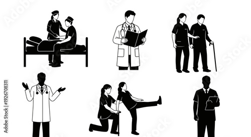 Medical Healthcare Professionals and Patient Care Vector Silhouette Illustrations