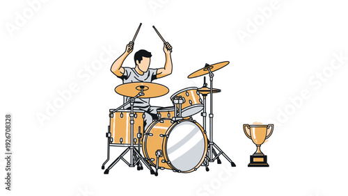 Drummer Playing Drum Set with Trophy.