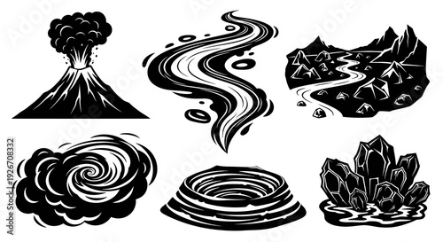 Nature Elements and Disasters Black  White Glyph Vector Icons Set
