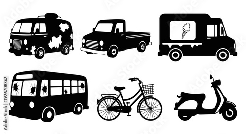 Black and White Transportation Vehicles Silhouette Icons Set - Van, Truck, Bus, Bike, Scooter