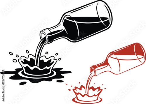 Illustration of a spilled liquid from a tilted bottle with contrasting colors