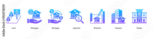 Property Development Process web banner icon vector illustration featuring Land, Mortgage, Appraisal, Blueprint, Property, and Duplex.