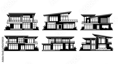 Architecture  Real Estate Modern Houses Glyph Icons. Black  White Contemporary Home Designs.