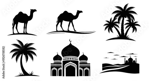 Islamic Middle East Icons: Camels, Palm Trees, Mosques, Desert Silhouette Glyphs Vector