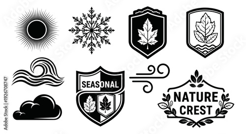 Black  White Vector Glyphs: Seasonal Nature  Weather Icons - Sun, Wave, Cloud, Leaf