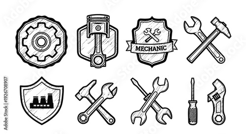 Hand-drawn Mechanic and Industrial Tools Icons Set - Automotive Engineering Line Art