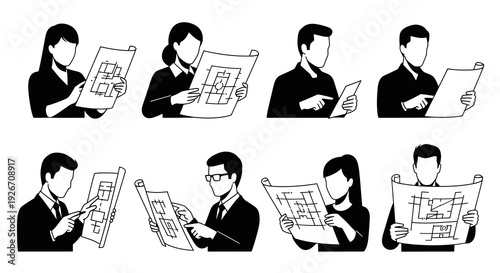 Architects and Engineers Reviewing Floor Plans: Black  White Glyph Illustration Set