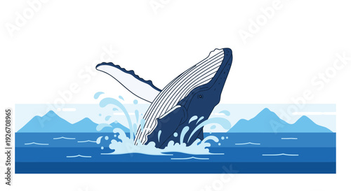 A dark blue whale breaches the surface of the sea with a backdrop of light blue mountains and a layered ocean.