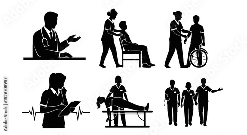 Medical Healthcare Professionals  Patient Care Glyph Silhouettes Set