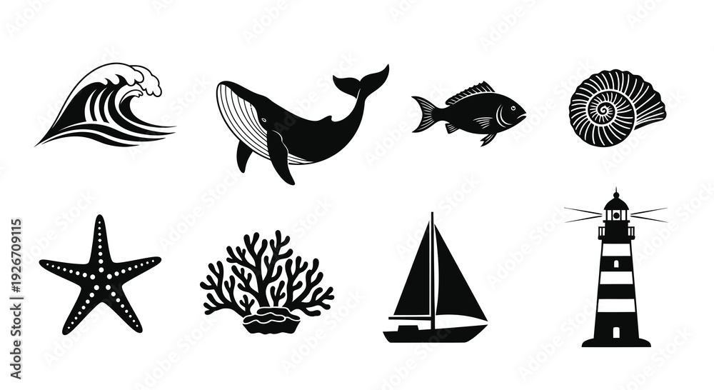 Fototapeta premium Black and White Marine Nautical Glyph Icons: Sea Creatures and Ocean Elements Set