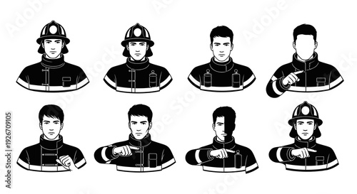 Firefighter Emergency Services Characters Black and White Line Art Set