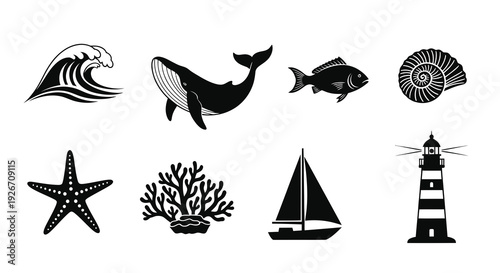 Black and White Marine  Nautical Glyph Icons: Sea Creatures and Ocean Elements Set