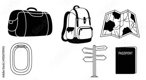 Travel Adventure Black and White Icons Set: Map, Passport, Luggage, Signpost, Window