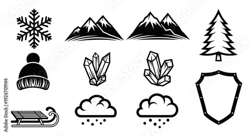 Black and White Nature  Winter Adventure Glyph Icons Set - Mountains, Crystals, Snowflake