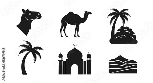 Desert and Islamic Culture Glyph Icons Set with Camels, Palm Trees, Mosque, and Dunes