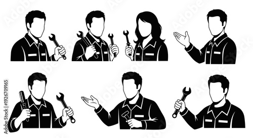 Professional Automotive Repair Technicians with Tools Black White Vector Icons Set