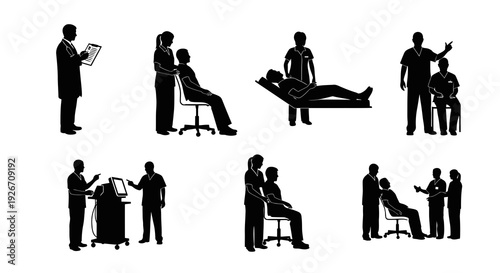 Medical Doctors Nurses Patients Examinations Consultations Equipment Silhouette Vector Set