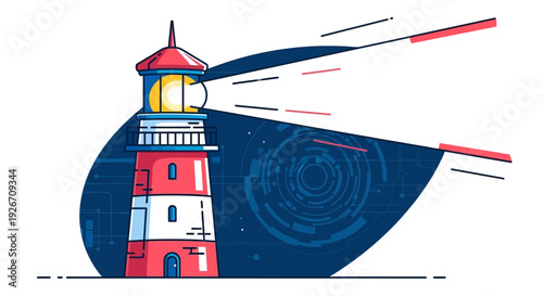 Stylized lighthouse emitting a bright beam with a digital backdrop