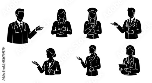 Medical Healthcare Professionals Glyph Vector Silhouette Icons Set