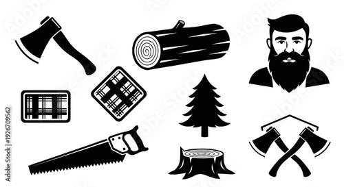 Lumberjack and Forestry Black  White Glyph Icons Set with Wood Elements
