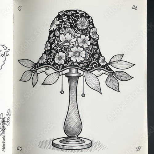 Elegant floral lamp illustration with detailed shading on white background