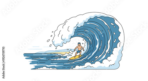 A cartoon surfer with blue hair rides a yellow surfboard through the barrel of a blue ocean wave on a white background.