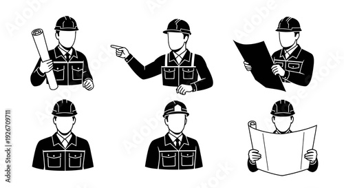 Construction Engineer Icon Set: Worker with Hard Hat and Blueprints in Glyph Style