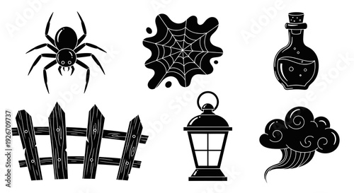 Halloween Spooky Icons Black and White Glyph Vector Illustration Set