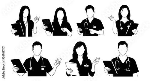 Medical Healthcare Professionals Black  White Line Art Silhouette Icons Set