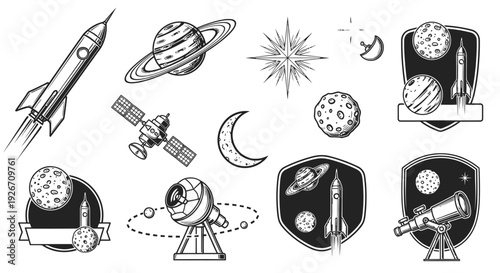 Space Exploration Black  White Line Art Icons Set with Rockets, Planets  Telescopes