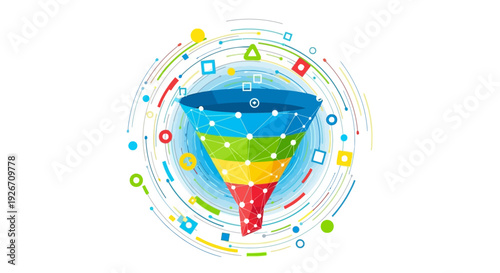 Colorful funnel graphic with orbiting shapes and circular design elements