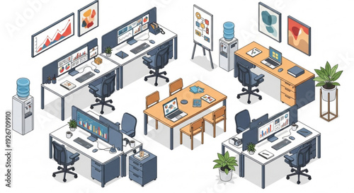 Modern office workspace with multiple desks and computers organized workstations with plants and office supplies collaborative business environment with white background