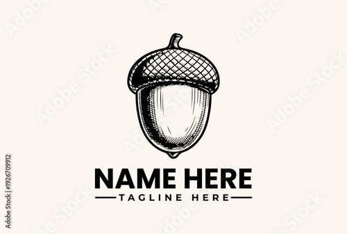 Black and white illustration of an acorn logo with a checkered cap and customizable text on a clean white background.