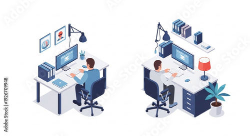 Two office workers sitting at desks with computers and office supplies in modern workspace