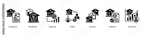 Residential Real Estate Market web banner icon vector illustration featuring Foreclosure, Residential, Expensive, Broker, Housing, Collateral, and Investment.