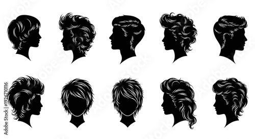Vector Haircuts and Hairstyles Silhouettes - Beauty Salon Black  White Profiles Collection