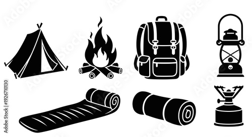 Camping Outdoor Adventure Equipment Glyph Icons Set - Tent, Backpack, Campfire, Lantern