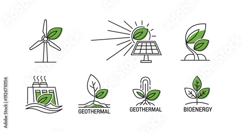 Renewable energy icons set solar wind geothermal and bioenergy symbols for sustainable living and eco friendly concepts