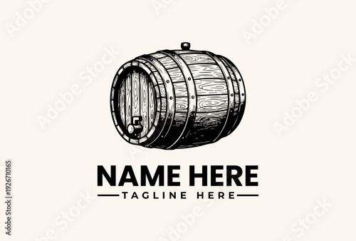 A detailed illustration of a wooden barrel with metal hoops and a placeholder text for a logo or brand name on a plain background, featuring a vector-style design.