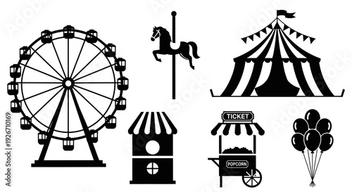 Fair and Carnival Entertainment Elements Black  White Glyph Icons Set