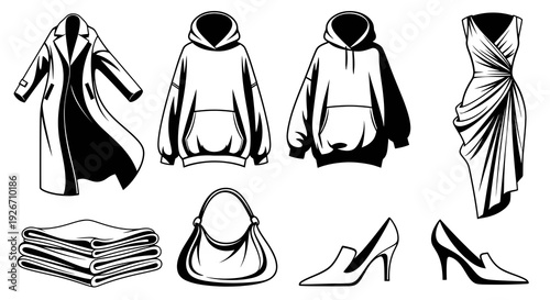 Fashion Apparel, Garments  Accessories Black  White Line Art Vector Set