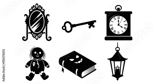 Horror Mystery Fantasy Vector Icons Set - Vintage Gothic Silhouette Elements Collection