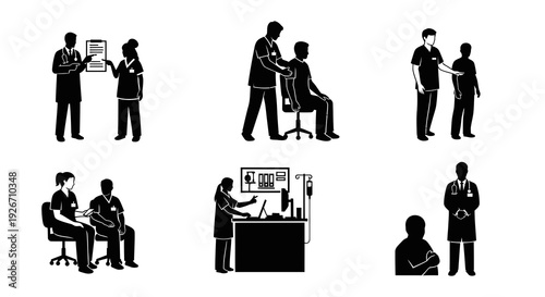 Medical Doctor Nurse Patient Healthcare Professional Care Glyph Silhouette Vector Set