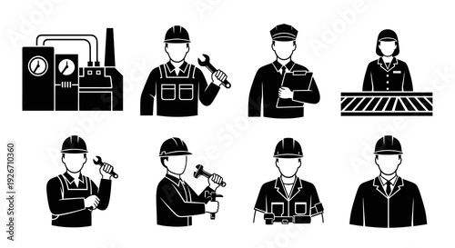 Industrial, Manufacturing and Construction Workers Black  White Glyph Icons Set