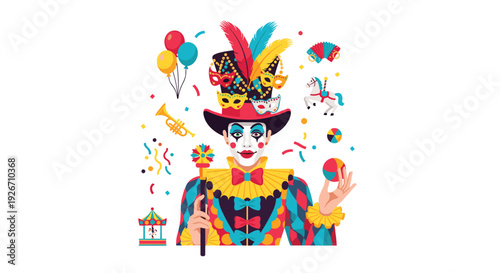 A clown in a colorful harlequin costume and tall hat stands surrounded by circus icons like balloons and a carousel.